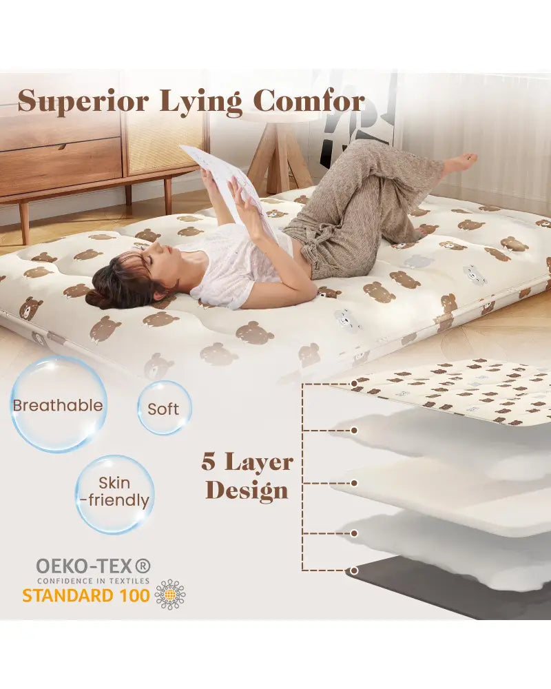 Foldable Futon Mattress with Washable Cover and Carry Bag for Camping-Full Size - Brown - Mattresses