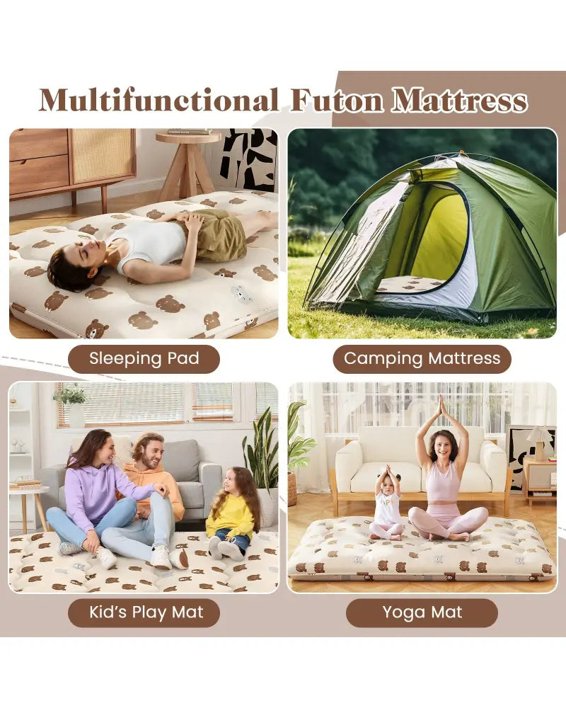 Foldable Futon Mattress with Washable Cover and Carry Bag for Camping-Full Size - Brown - Mattresses