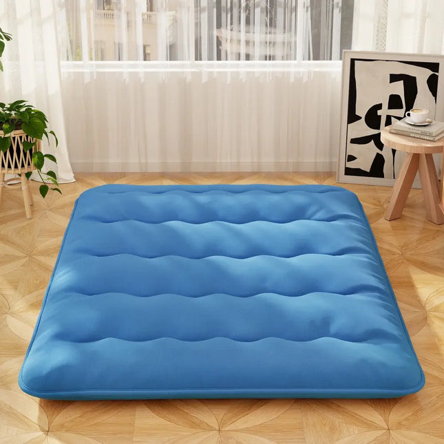 Foldable Futon Mattress with Washable Cover and Carry Bag for Camping Blue-Queen Size - Blue - Mattresses