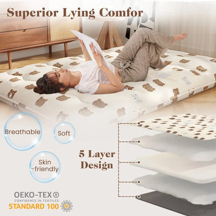 Foldable Futon Mattress with Washable Cover and Carry Bag for Camping-Full Size - Brown - Mattresses