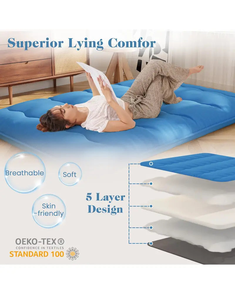 Foldable Futon Mattress with Washable Cover and Carry Bag for Camping Blue-Full Size - Blue - Mattresses