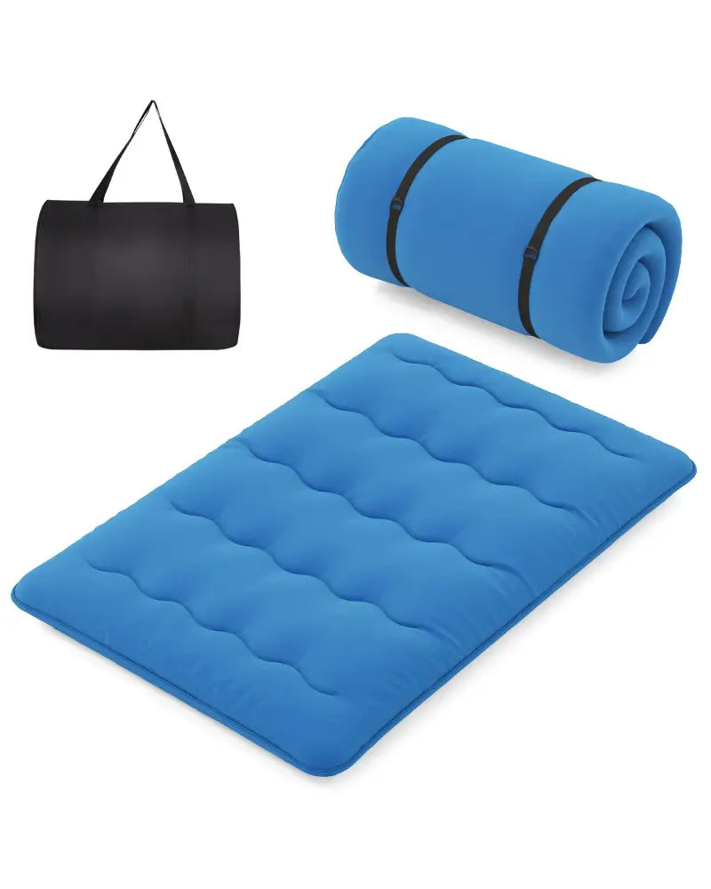 Foldable Futon Mattress with Washable Cover and Carry Bag for Camping Blue-Full Size - Blue - Mattresses