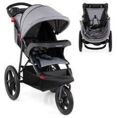 Foldable Jogging Stroller with Detachable Tray and Air-Filled Rubber Tires-Gray - Gray - Baby Strollers