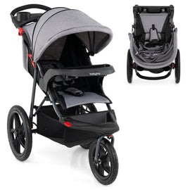 Foldable Jogging Stroller with Detachable Tray and Air-Filled Rubber Tires-Gray - Gray - Baby Strollers