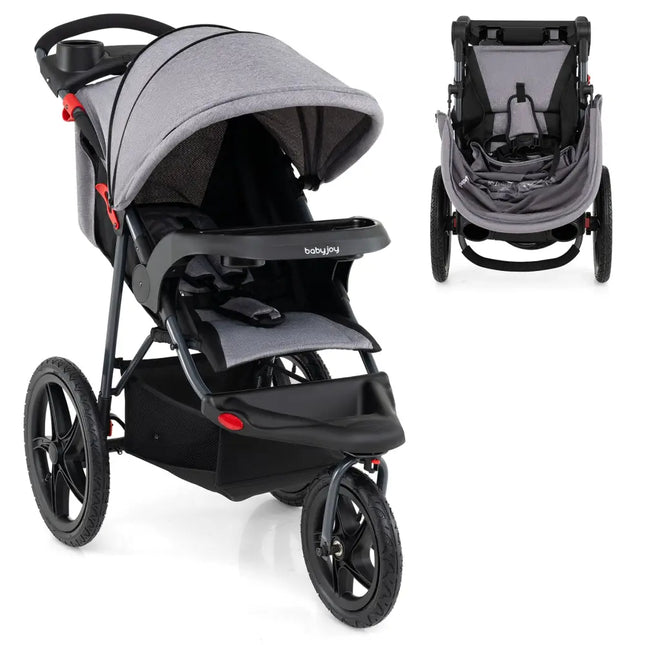Foldable Jogging Stroller with Detachable Tray and Air-Filled Rubber Tires-Gray - Gray - Baby Strollers