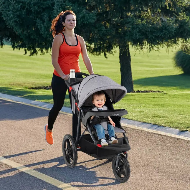Foldable Jogging Stroller with Detachable Tray and Air-Filled Rubber Tires-Gray - Gray - Baby Strollers