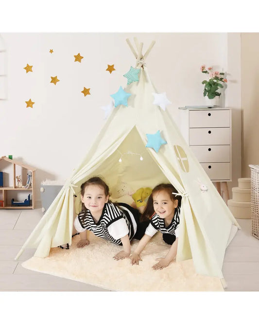 Foldable Kids Canvas Teepee Play Tent - Beige - Play Tents & Playhouse