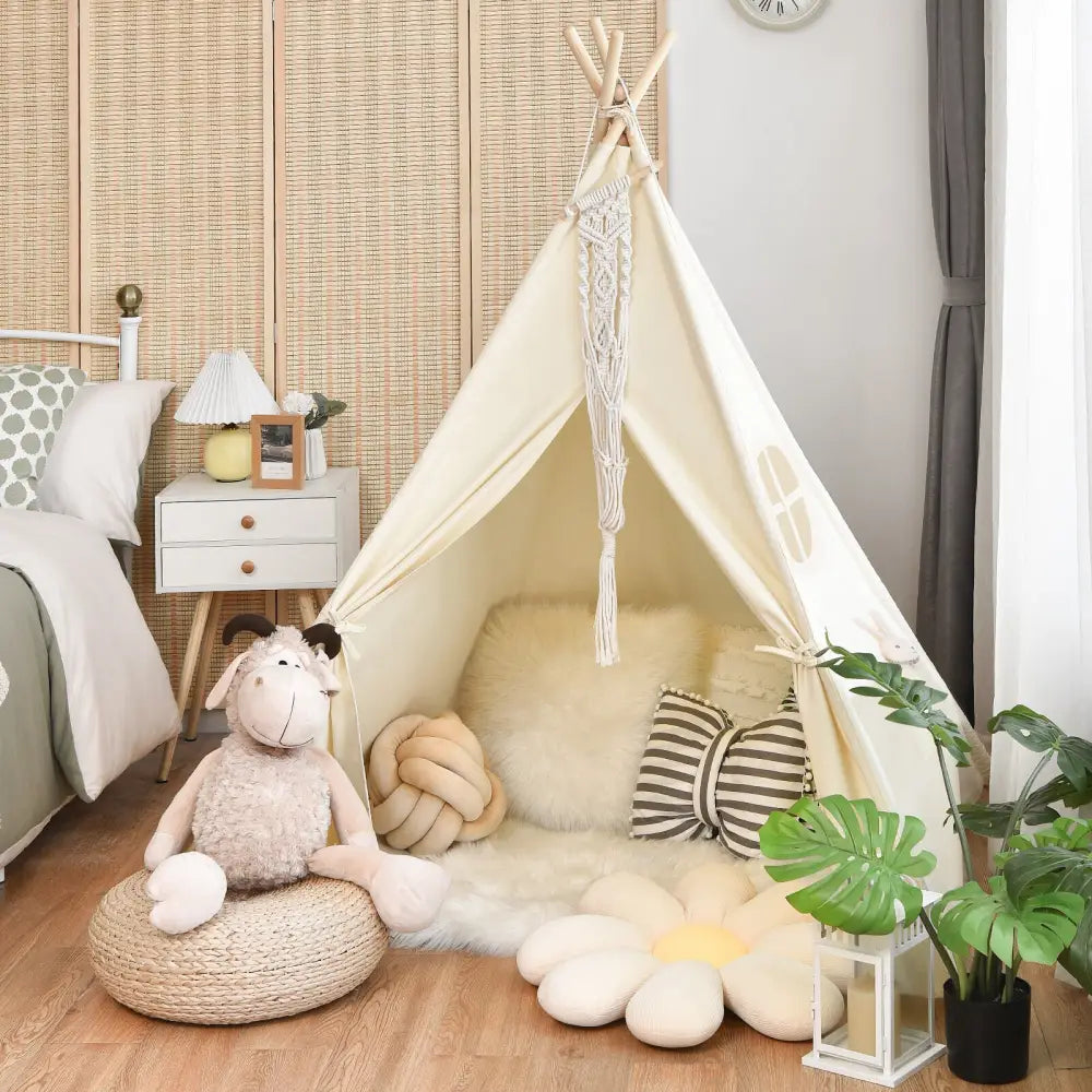 Foldable Kids Canvas Teepee Play Tent - Beige - Play Tents & Playhouse