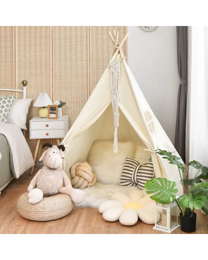 Foldable Kids Canvas Teepee Play Tent - Beige - Play Tents & Playhouse