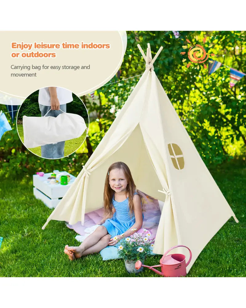 Foldable Kids Canvas Teepee Play Tent - Beige - Play Tents & Playhouse