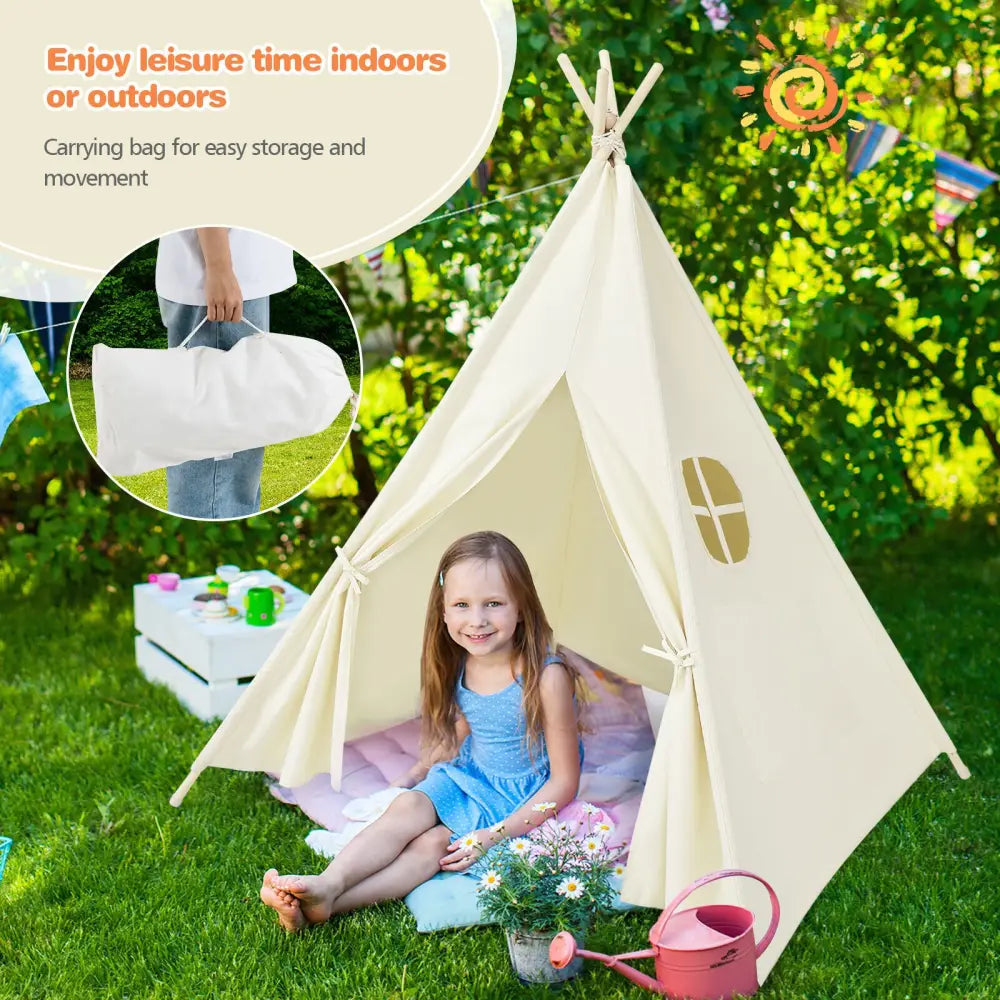 Foldable Kids Canvas Teepee Play Tent - Beige - Play Tents & Playhouse