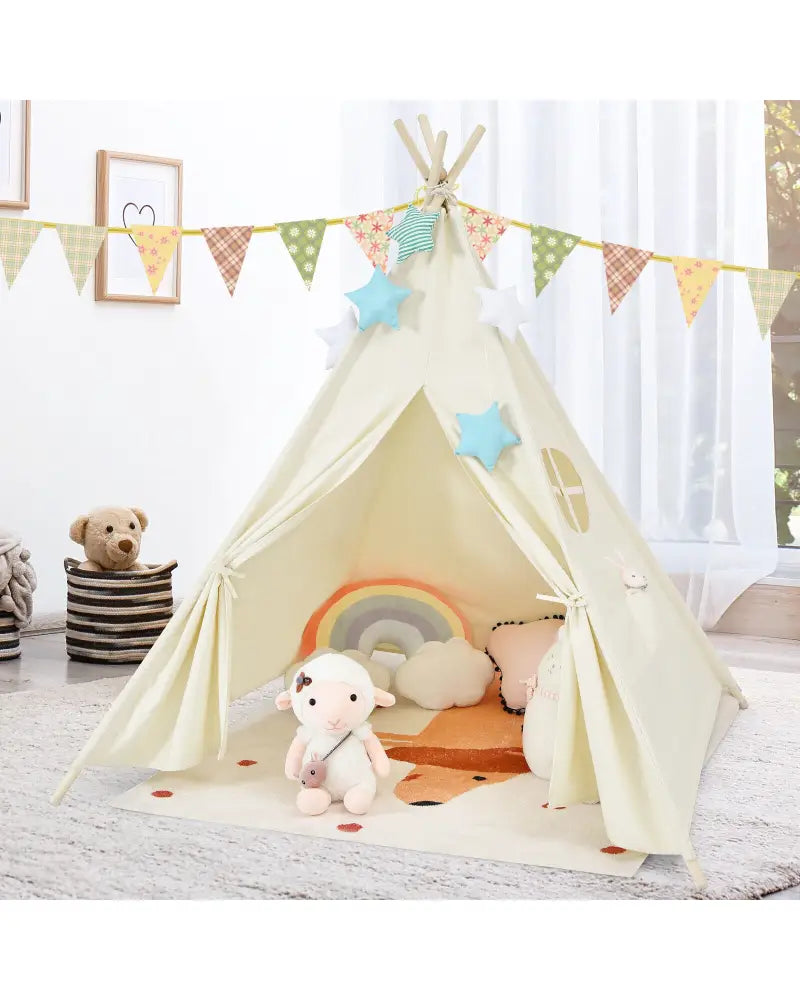 Foldable Kids Canvas Teepee Play Tent - Beige - Play Tents & Playhouse
