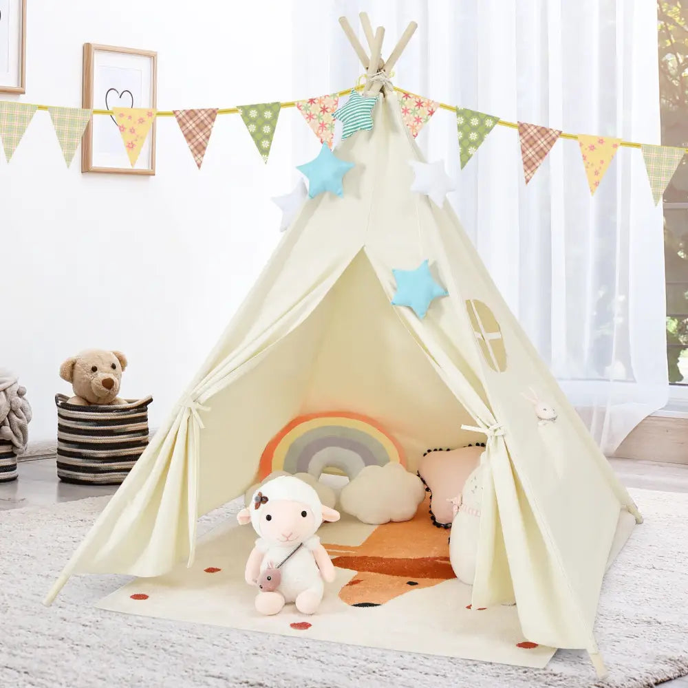 Foldable Kids Canvas Teepee Play Tent - Beige - Play Tents & Playhouse