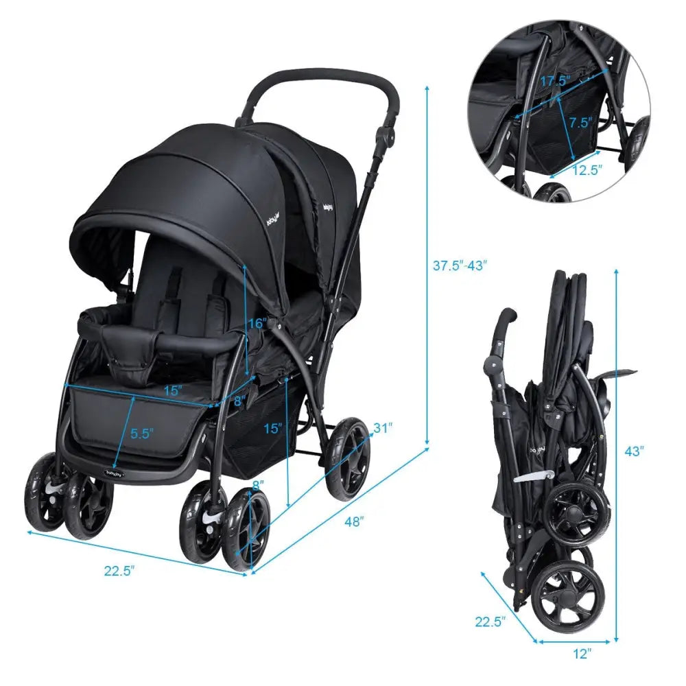 Foldable Lightweight Front Back Seats Double Baby Stroller-Black - Black - Baby Strollers