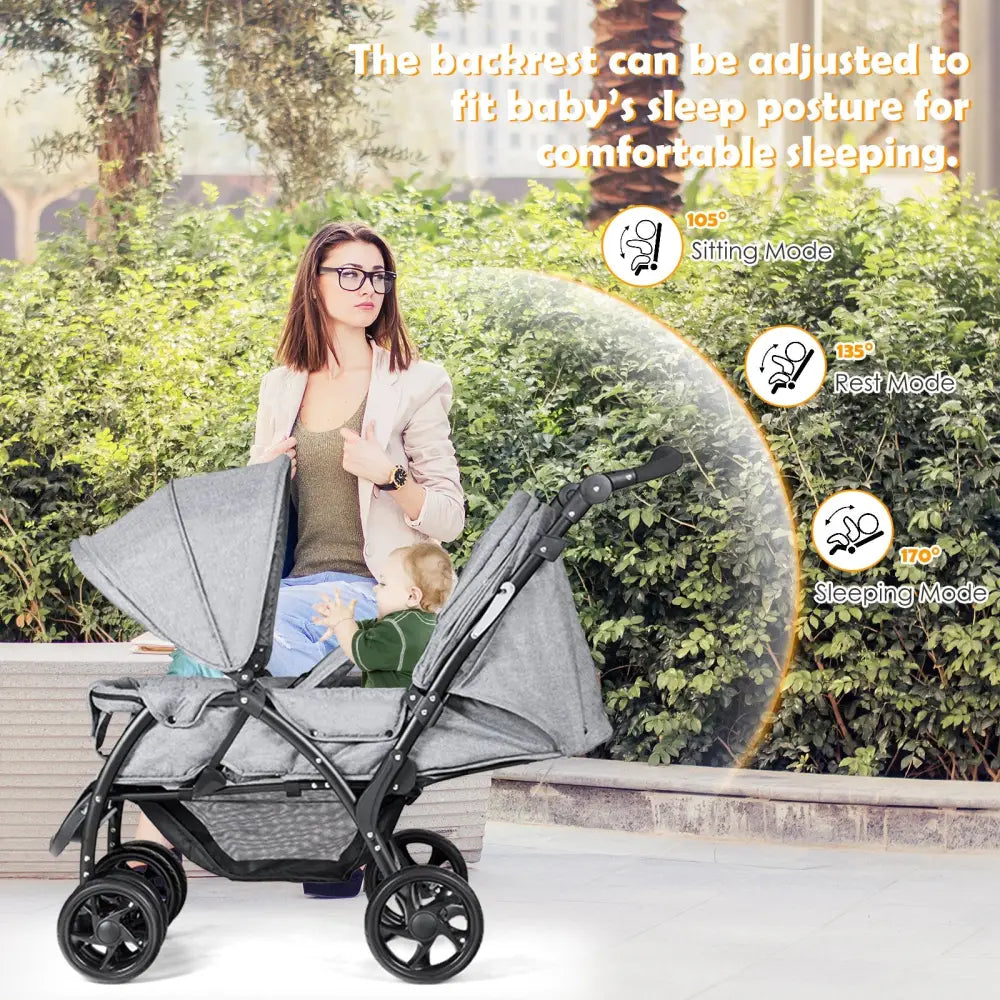 Foldable Lightweight Front Back Seats Double Baby Stroller-Gray - Gray - Baby Strollers