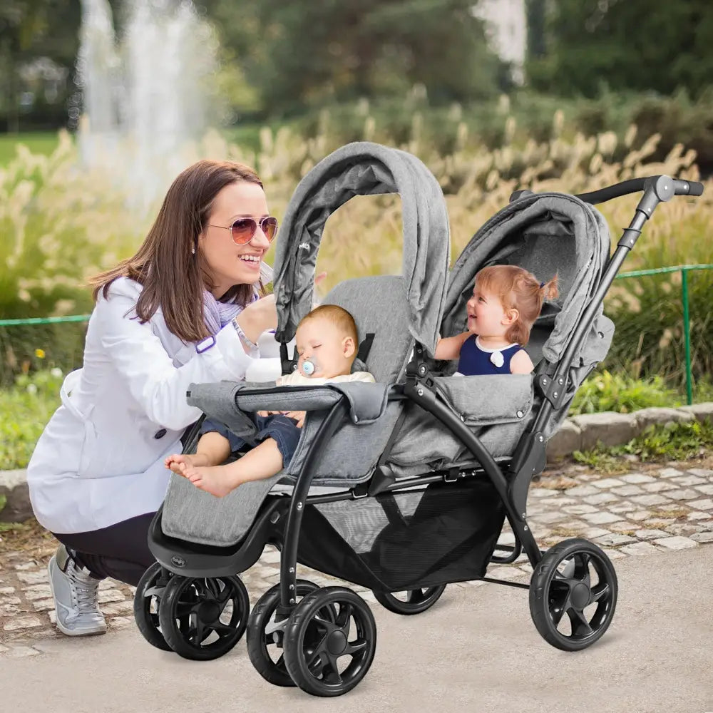 Foldable Lightweight Front Back Seats Double Baby Stroller-Gray - Gray - Baby Strollers