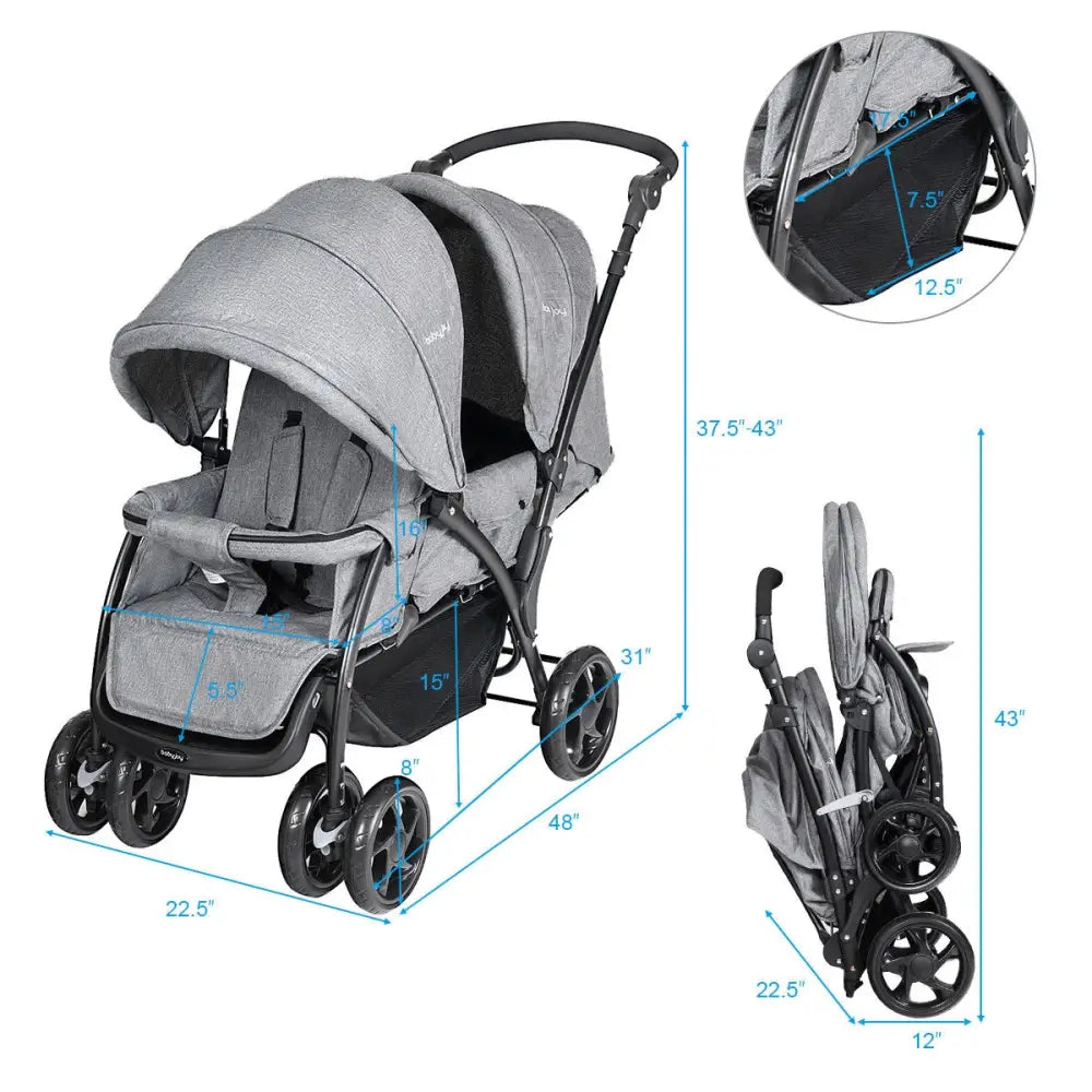 Foldable Lightweight Front Back Seats Double Baby Stroller-Gray - Gray - Baby Strollers