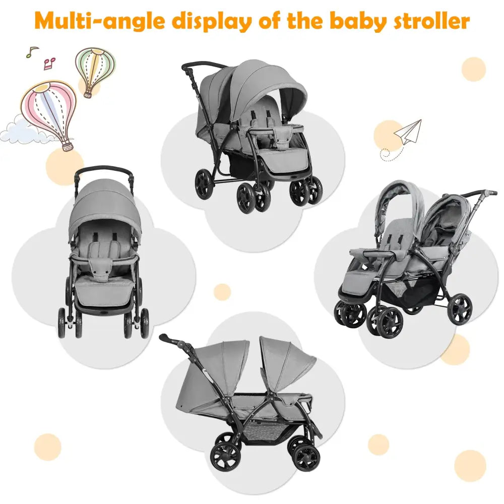 Foldable Lightweight Front Back Seats Double Baby Stroller-Gray - Gray - Baby Strollers