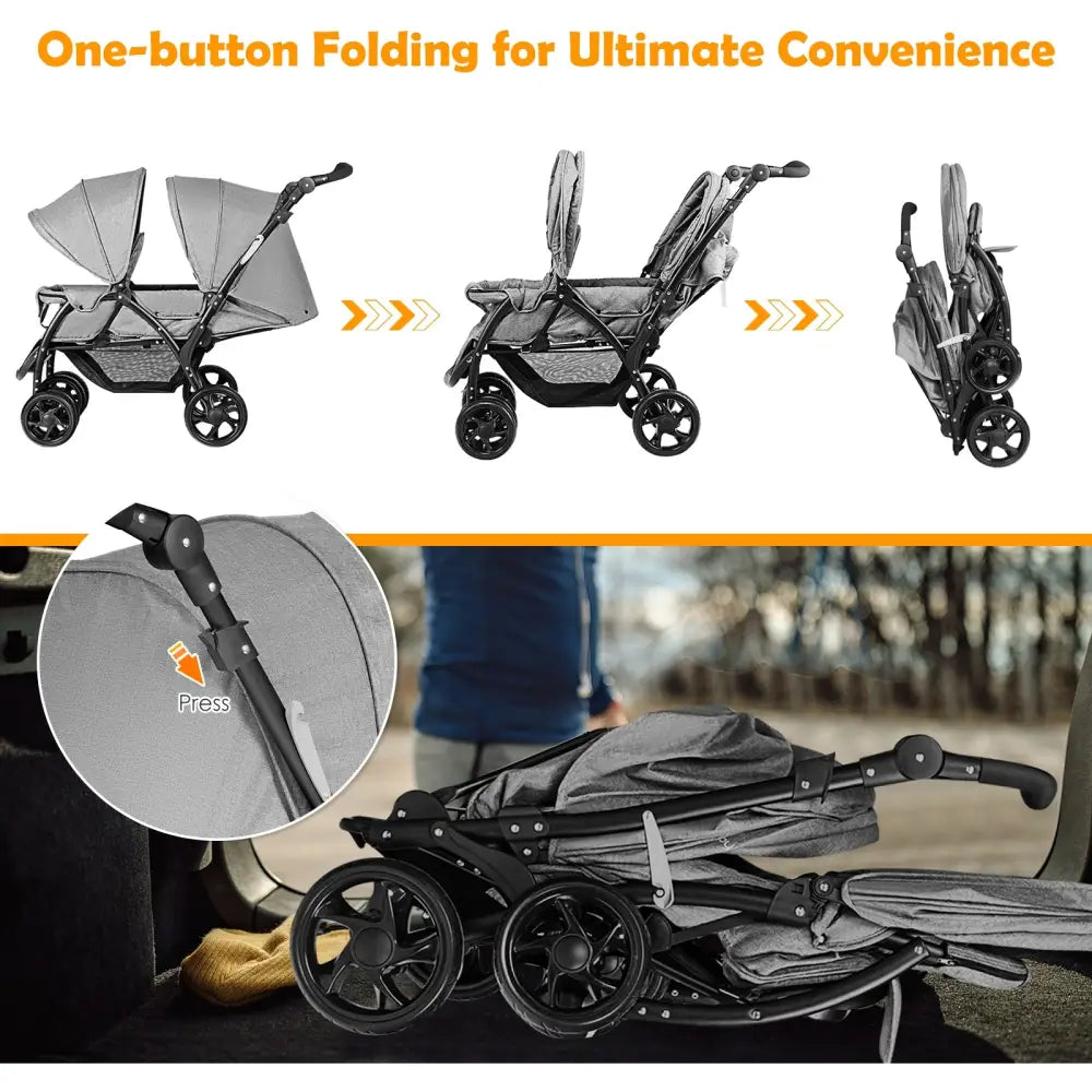 Foldable Lightweight Front Back Seats Double Baby Stroller-Gray - Gray - Baby Strollers