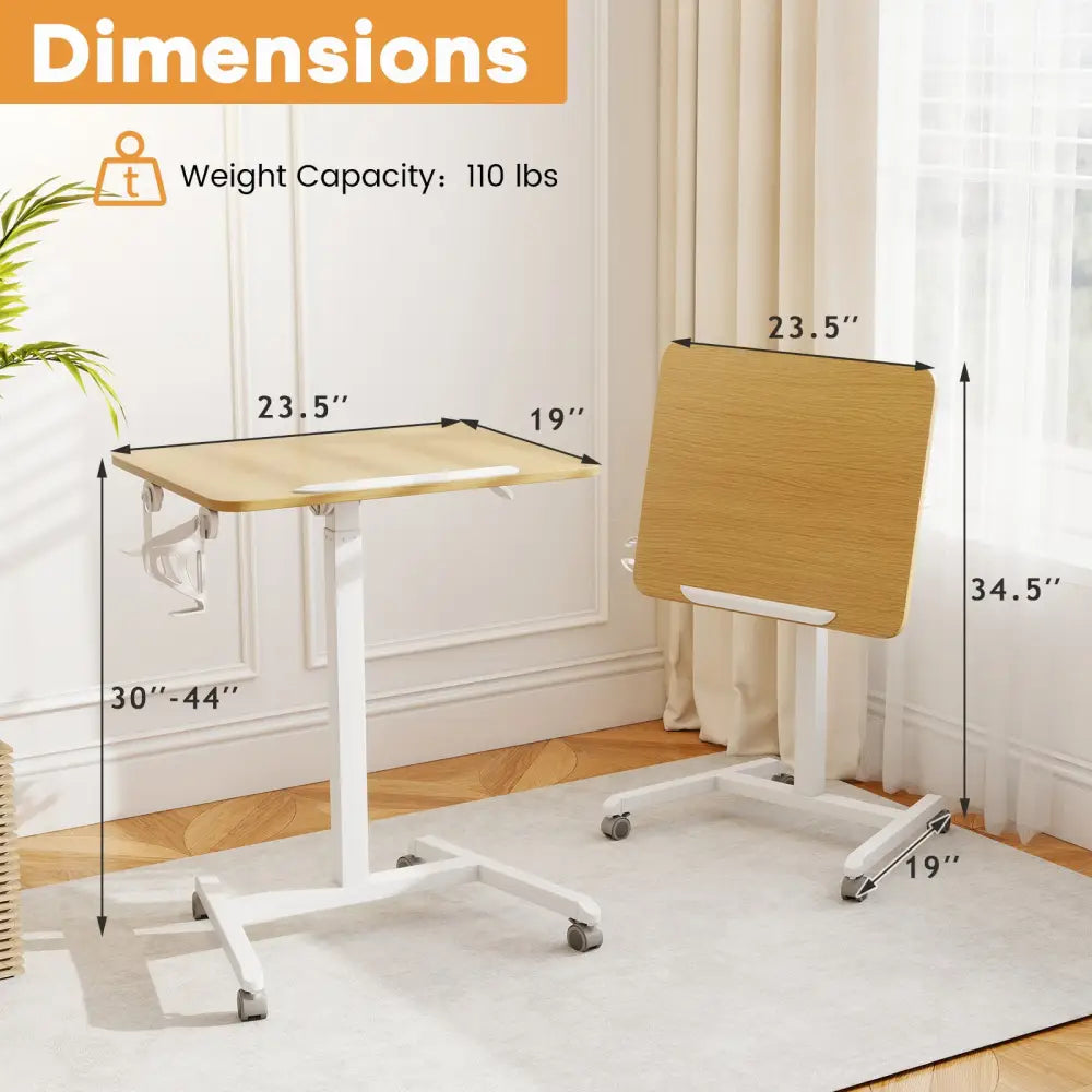 Foldable Mobile Standing Desk Rolling Laptop Desk with 90° Tiltable Tabletop-Natural - Natural - Computer Desks