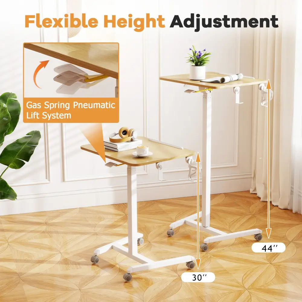 Foldable Mobile Standing Desk Rolling Laptop Desk with 90° Tiltable Tabletop-Natural - Natural - Computer Desks