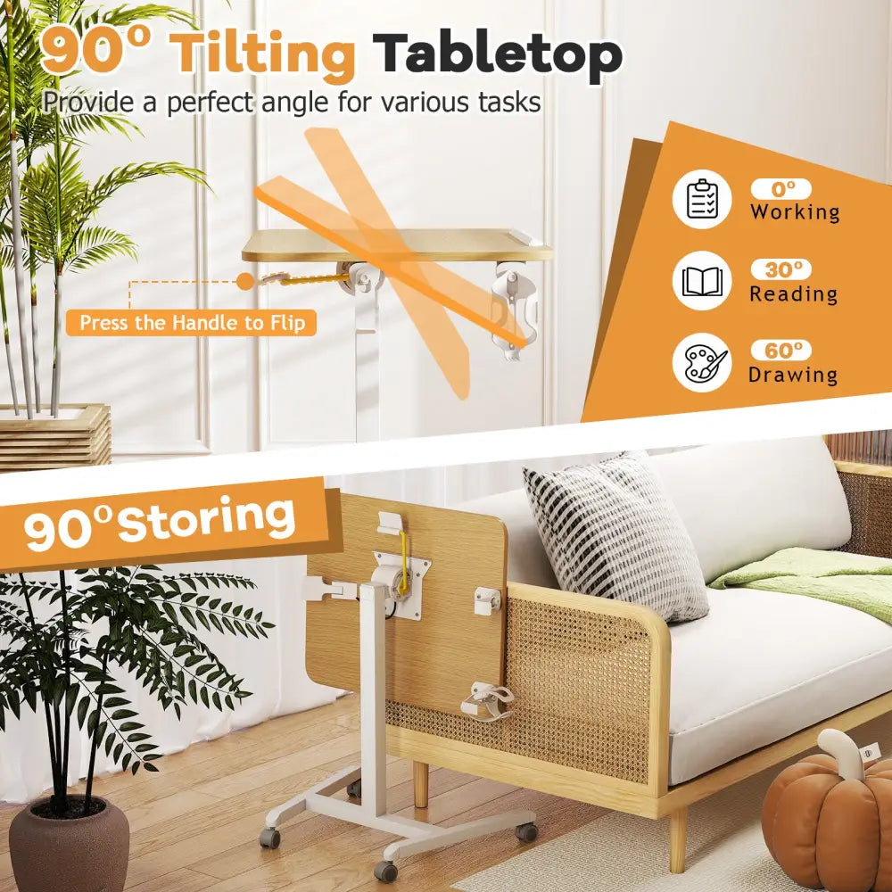 Foldable Mobile Standing Desk Rolling Laptop Desk with 90° Tiltable Tabletop-Natural - Natural - Computer Desks