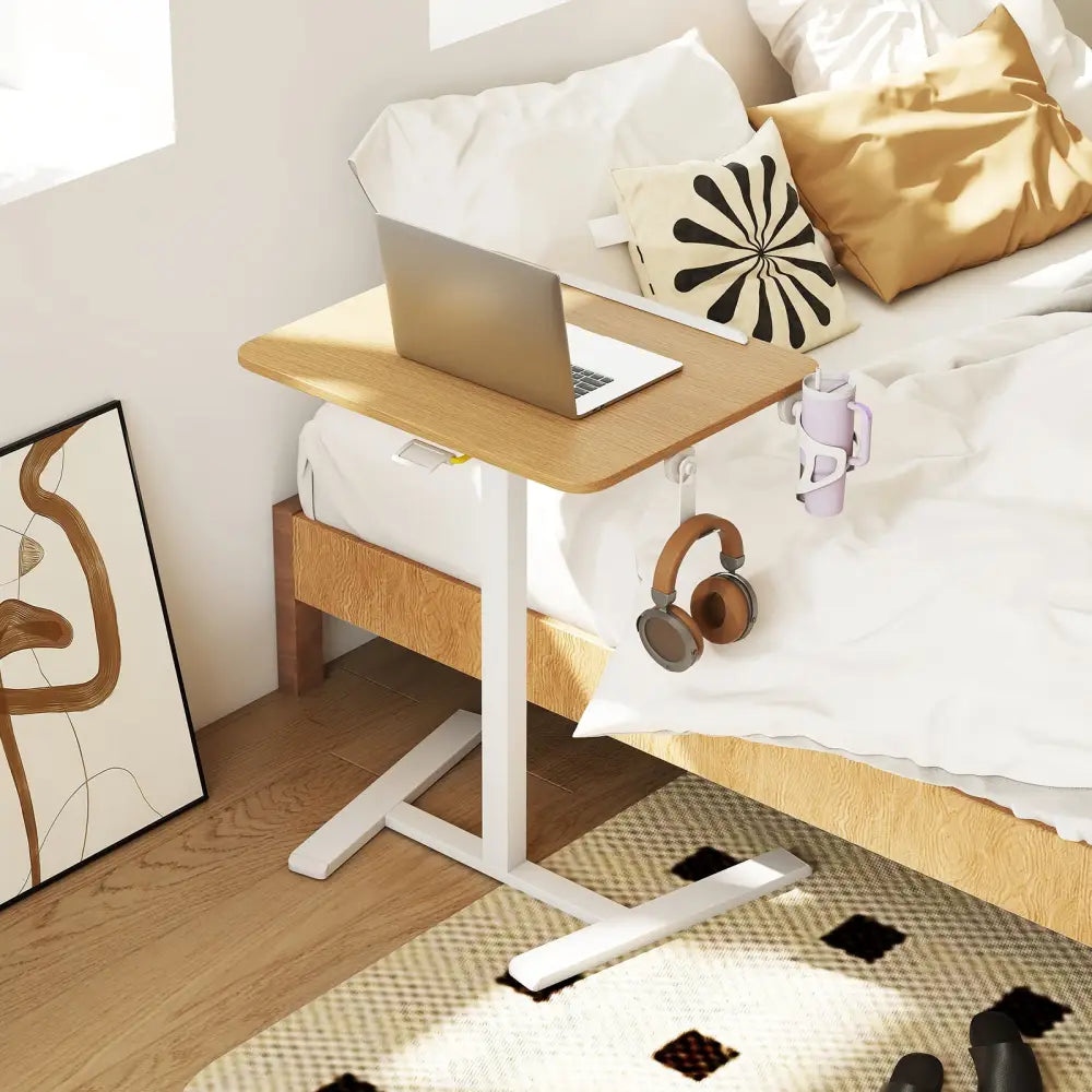 Foldable Mobile Standing Desk Rolling Laptop Desk with Hook and Cup Holder-Natural - Natural - Computer Desks