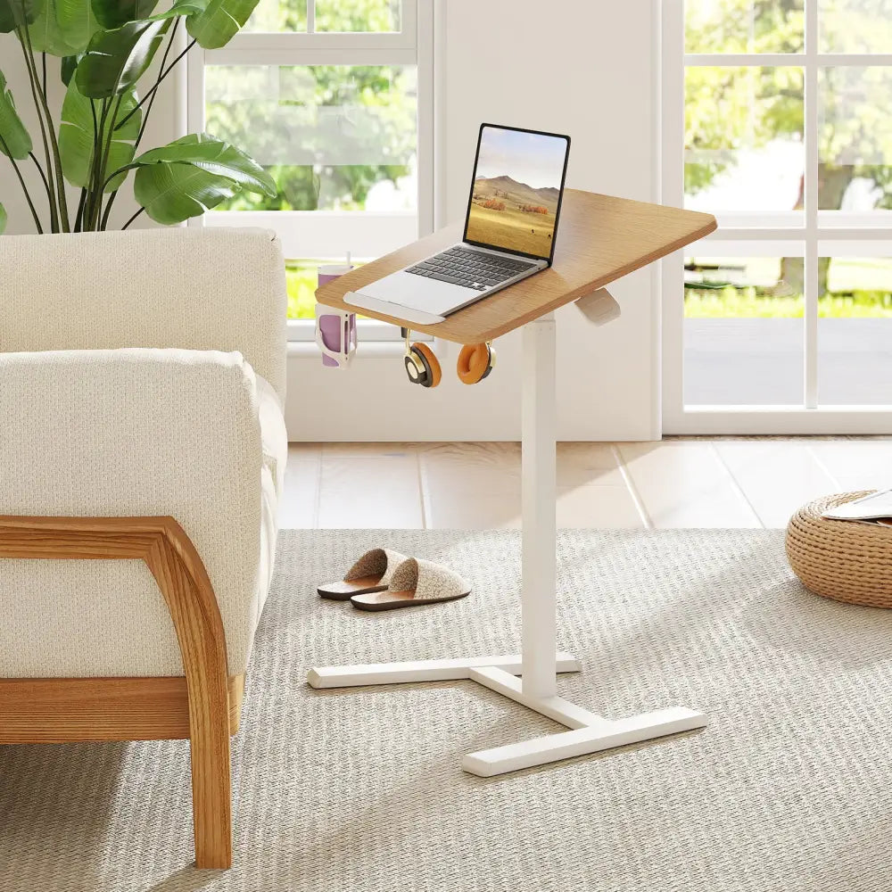 Foldable Mobile Standing Desk Rolling Laptop Desk with Hook and Cup Holder-Natural - Natural - Computer Desks