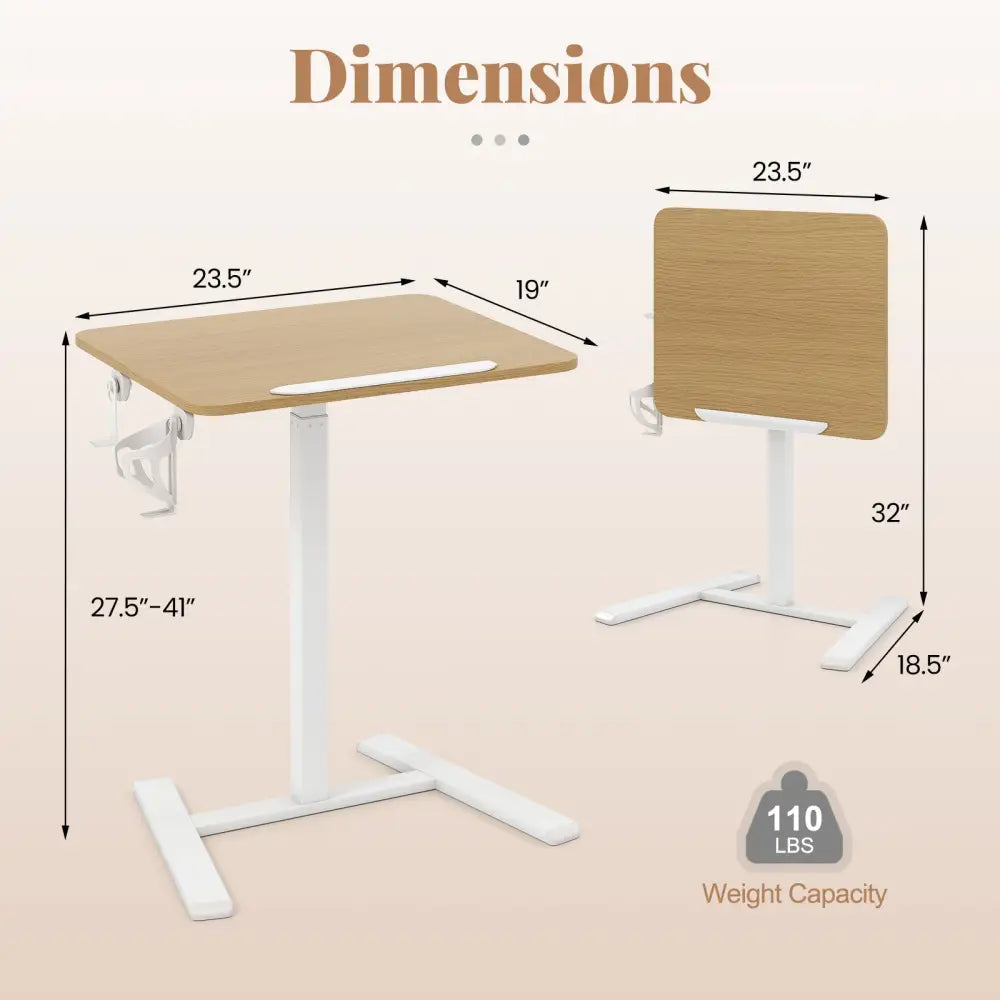 Foldable Mobile Standing Desk Rolling Laptop Desk with Hook and Cup Holder-Natural - Natural - Computer Desks