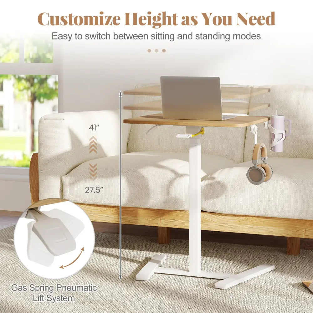 Foldable Mobile Standing Desk Rolling Laptop Desk with Hook and Cup Holder-Natural - Natural - Computer Desks