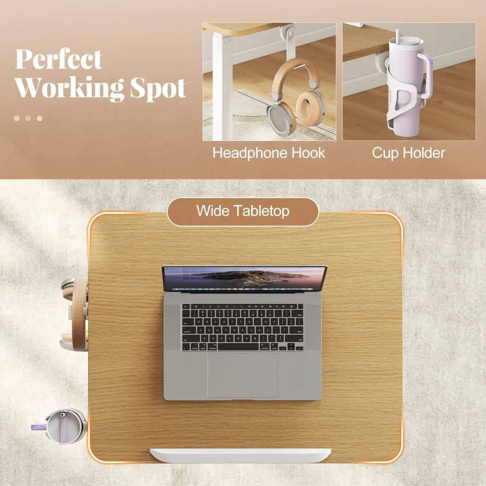 Foldable Mobile Standing Desk Rolling Laptop Desk with Hook and Cup Holder-Natural - Natural - Computer Desks