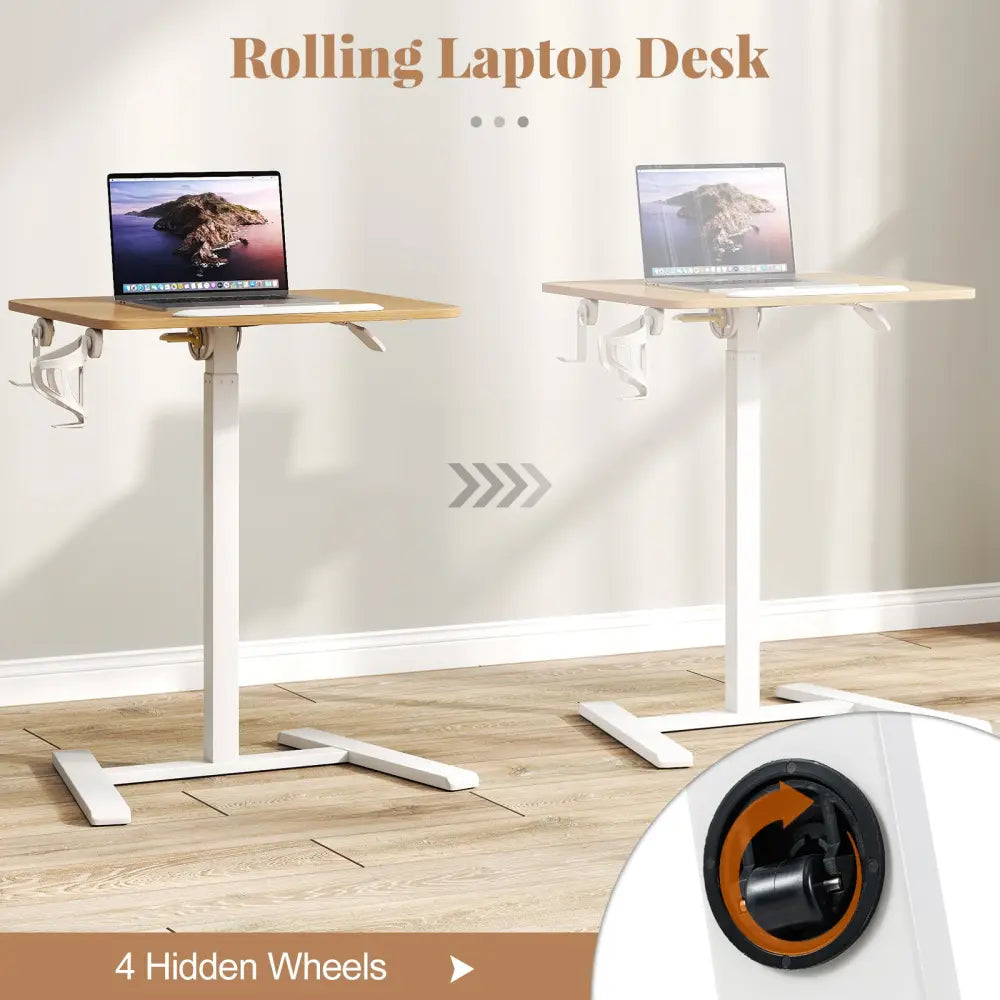 Foldable Mobile Standing Desk Rolling Laptop Desk with Hook and Cup Holder-Natural - Natural - Computer Desks