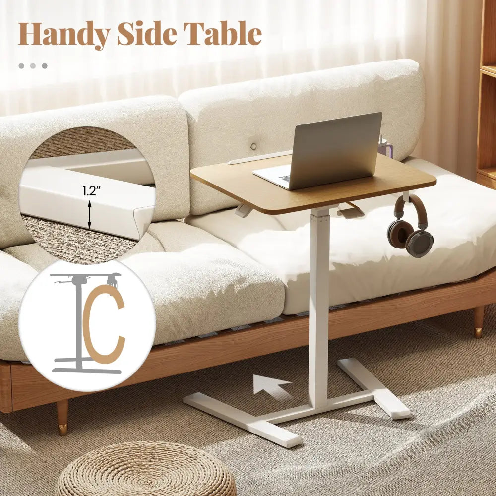 Foldable Mobile Standing Desk Rolling Laptop Desk with Hook and Cup Holder-Natural - Natural - Computer Desks