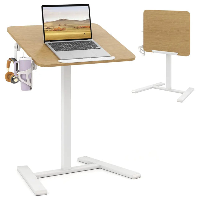 Foldable Mobile Standing Desk Rolling Laptop Desk with Hook and Cup Holder-Natural - Natural - Computer Desks