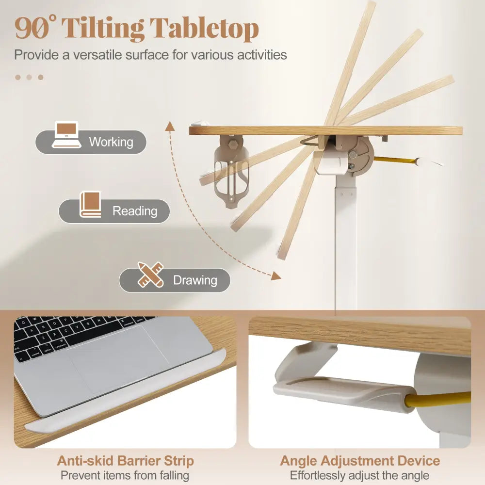 Foldable Mobile Standing Desk Rolling Laptop Desk with Hook and Cup Holder-Natural - Natural - Computer Desks