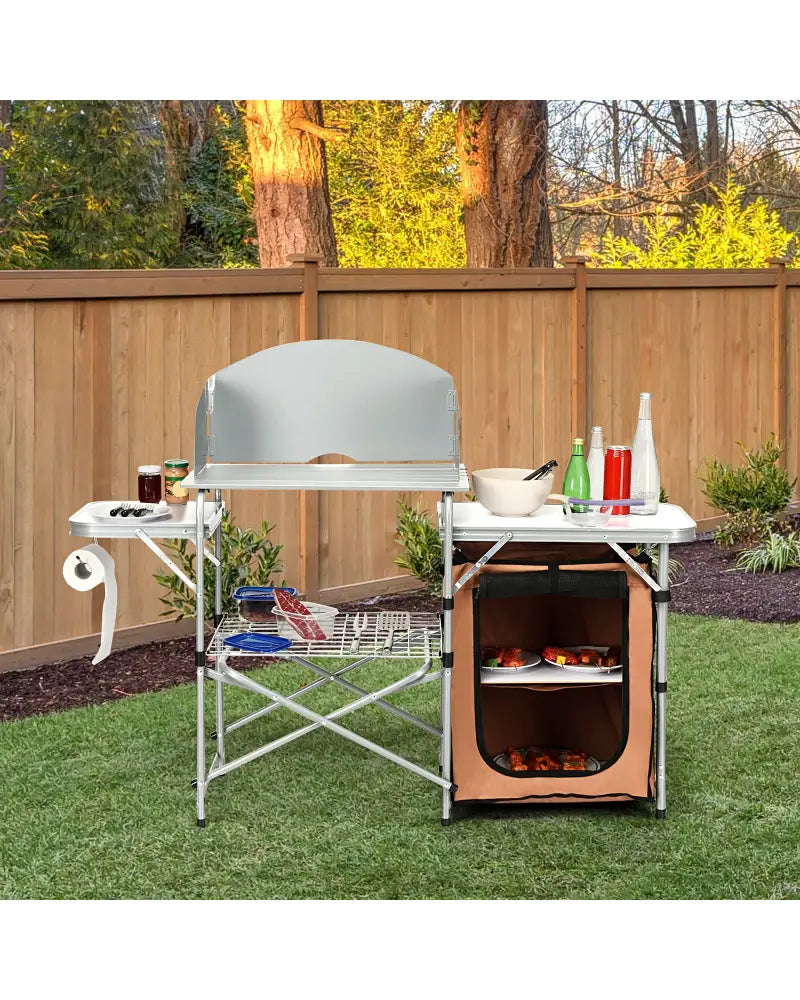 Foldable Outdoor BBQ Portable Grilling Table With Windscreen Bag - Brown - Camping Furniture