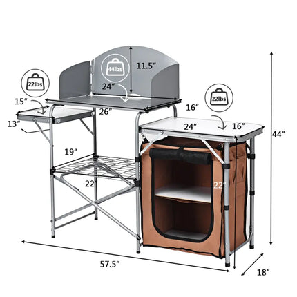 Foldable Outdoor BBQ Portable Grilling Table With Windscreen Bag - Brown - Camping Furniture