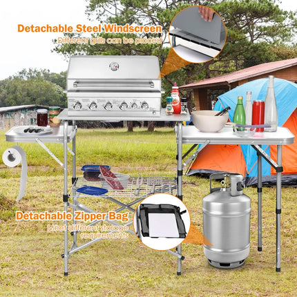 Foldable Outdoor BBQ Portable Grilling Table With Windscreen Bag - Brown - Camping Furniture