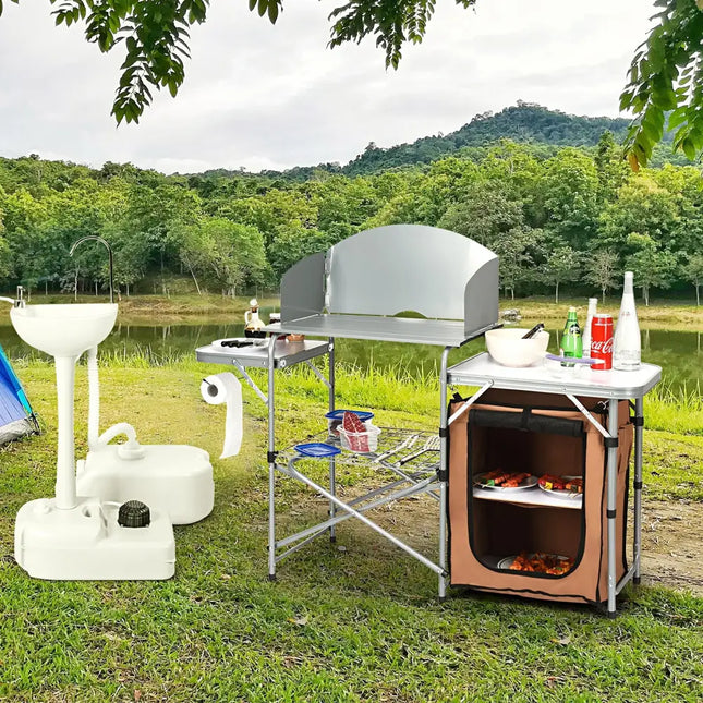 Foldable Outdoor BBQ Portable Grilling Table With Windscreen Bag - Brown - Camping Furniture