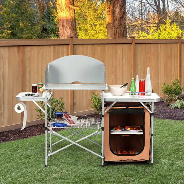 Foldable Outdoor BBQ Portable Grilling Table With Windscreen Bag - Brown - Camping Furniture