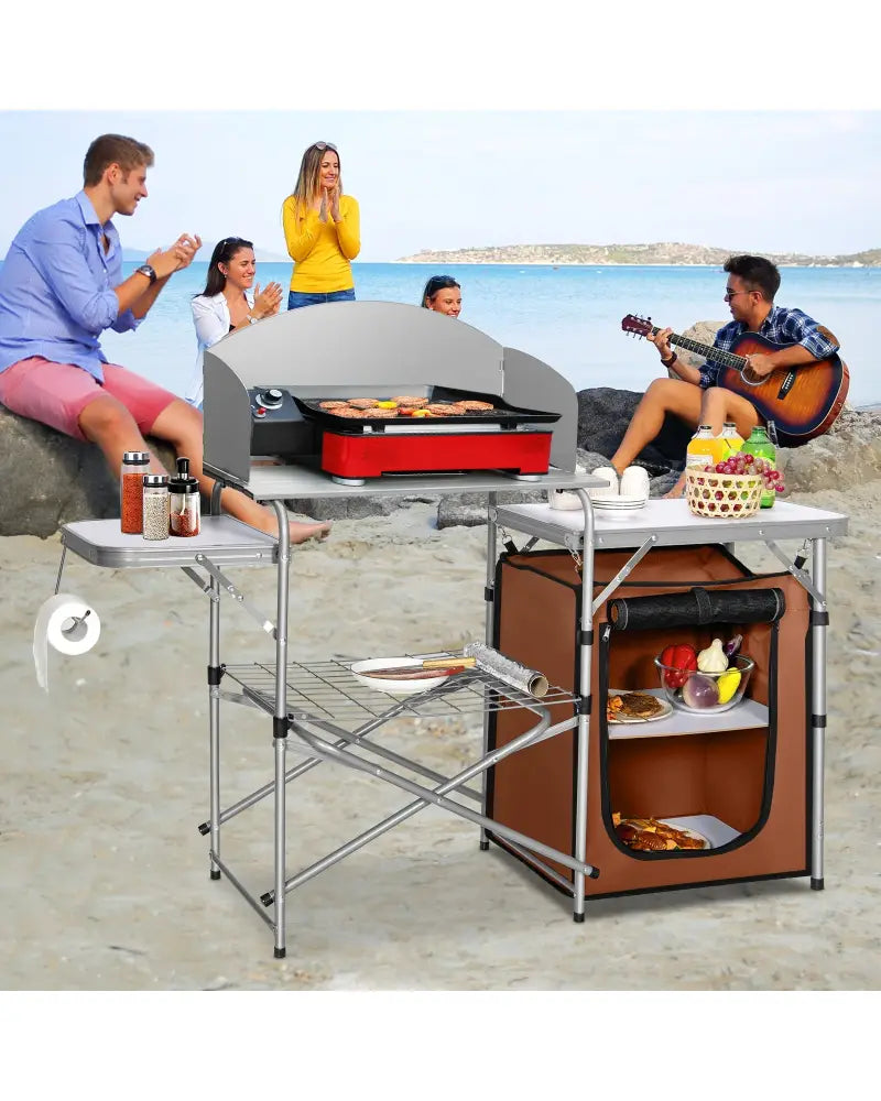 Foldable Outdoor BBQ Portable Grilling Table With Windscreen Bag - Brown - Camping Furniture