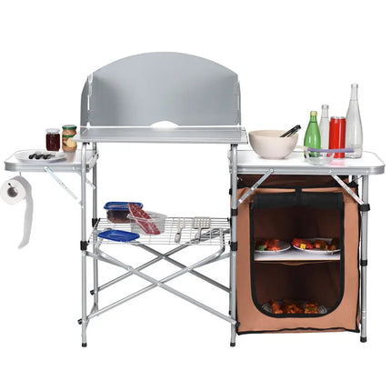 Foldable Outdoor BBQ Portable Grilling Table With Windscreen Bag - Brown - Camping Furniture