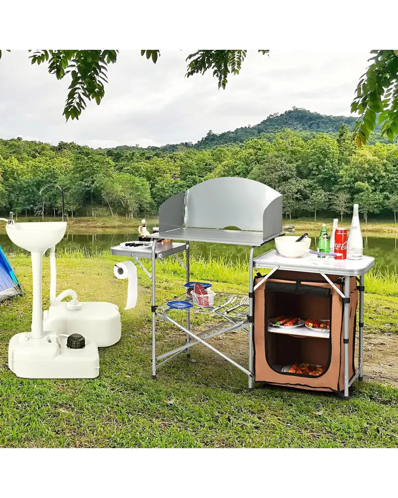 Foldable Outdoor BBQ Portable Grilling Table With Windscreen Bag - Brown - Camping Furniture