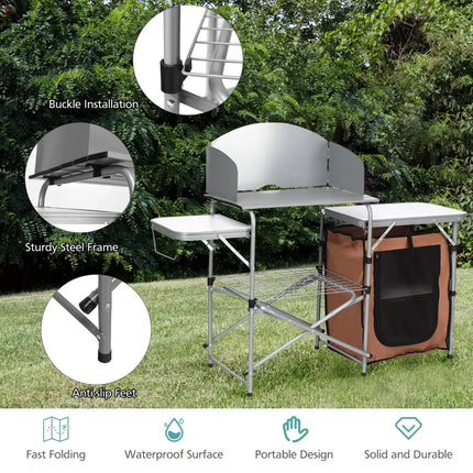 Foldable Outdoor BBQ Portable Grilling Table With Windscreen Bag - Brown - Camping Furniture
