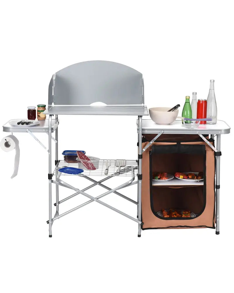 Foldable Outdoor BBQ Portable Grilling Table With Windscreen Bag - Brown - Camping Furniture