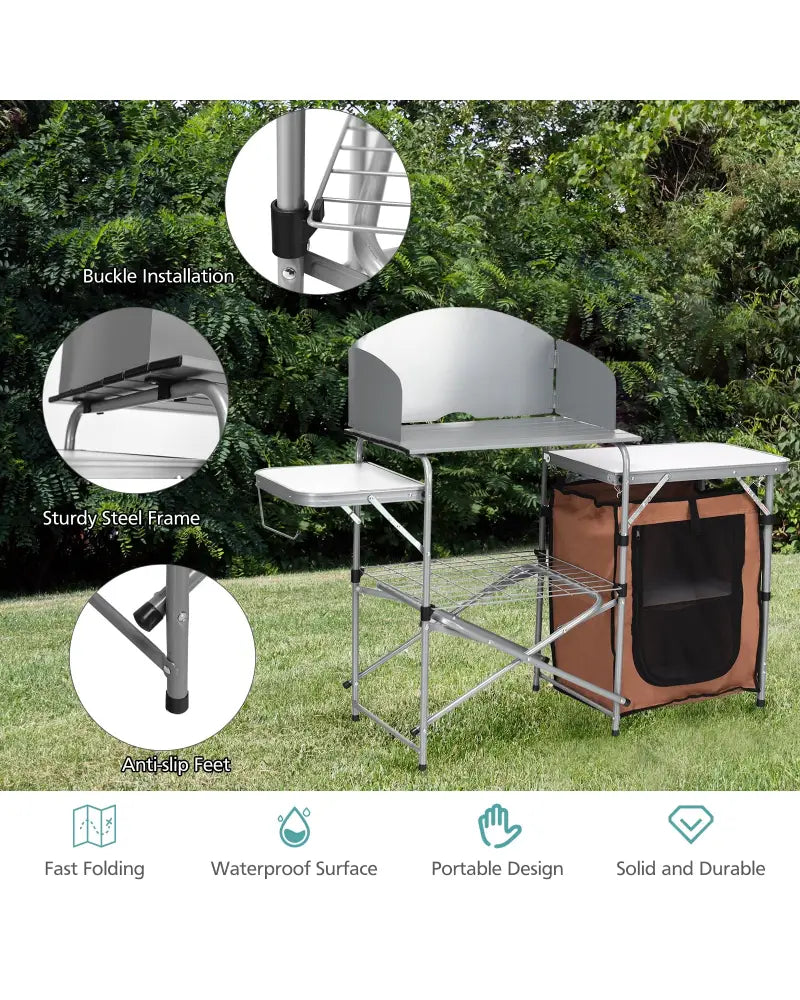 Foldable Outdoor BBQ Portable Grilling Table With Windscreen Bag - Brown - Camping Furniture