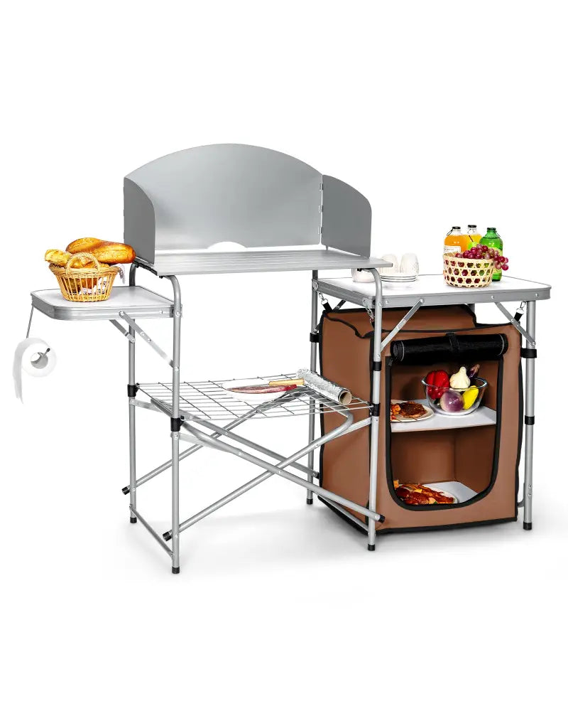 Foldable Outdoor BBQ Portable Grilling Table With Windscreen Bag - Brown - Camping Furniture