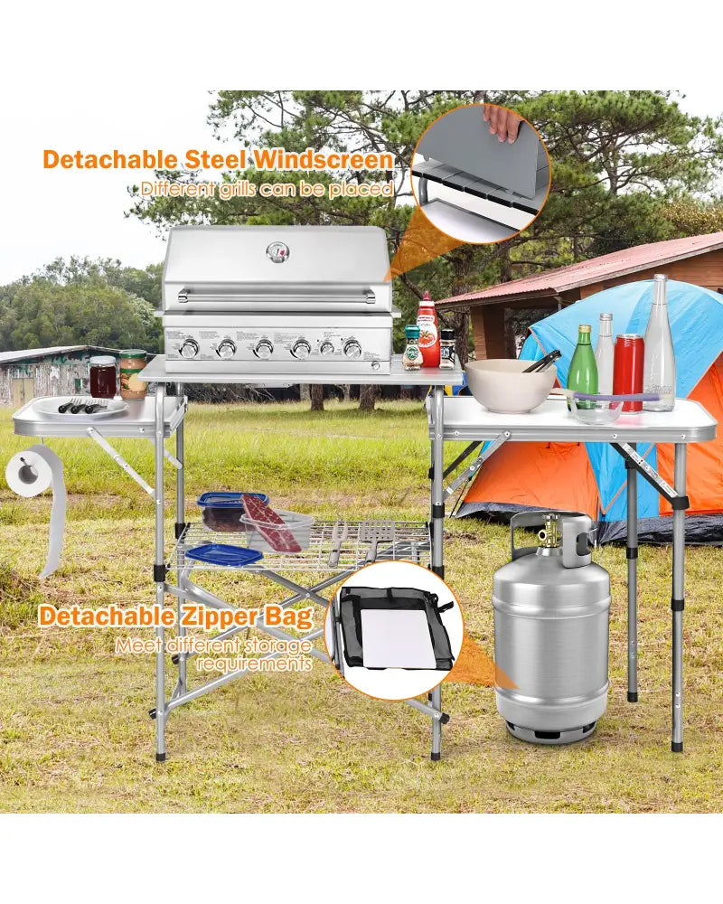 Foldable Outdoor BBQ Portable Grilling Table With Windscreen Bag - Brown - Camping Furniture