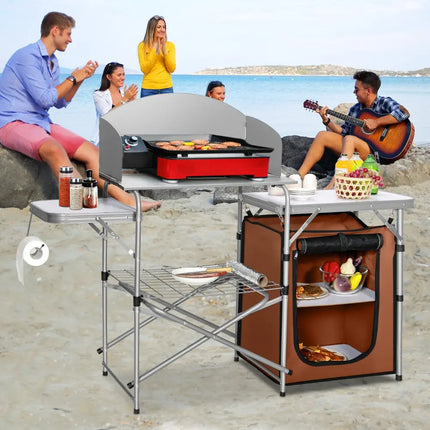 Foldable Outdoor BBQ Portable Grilling Table With Windscreen Bag - Brown - Camping Furniture