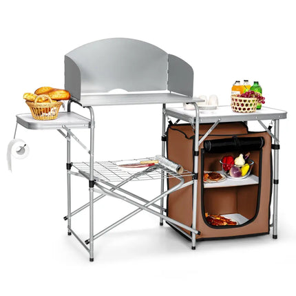 Foldable Outdoor BBQ Portable Grilling Table With Windscreen Bag - Brown - Camping Furniture